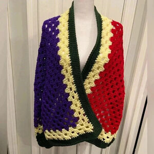 Handmade Crochet Oversized Hexagon Granny Square Open Front Cardigan Sweater OS
